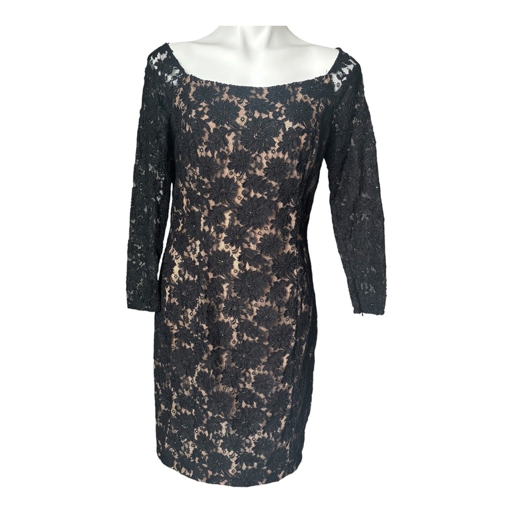 Carmen Marc Valvo Black Floral Lace Sheath Off The Shoulder Dress Size 12